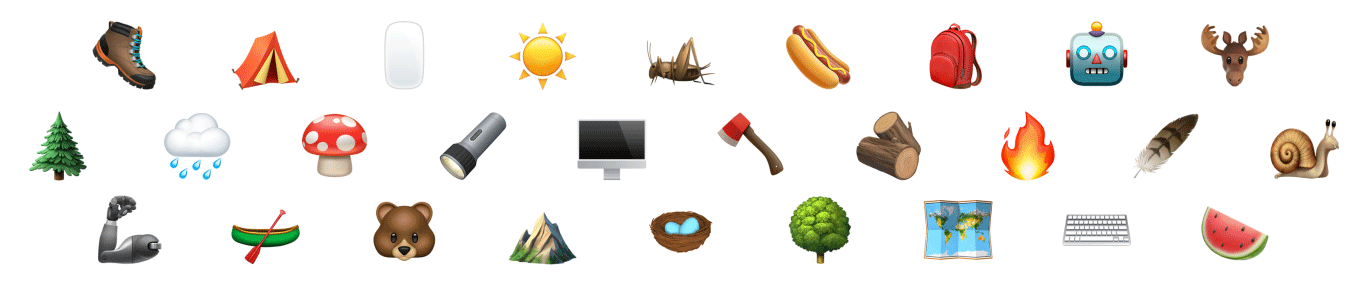 Emoji chaos! Lots of camp and tech themed emoji scattered in a grid pattern.